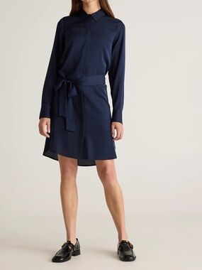 Navy silk stretch long-sleeved shirt dress with silk sash belt